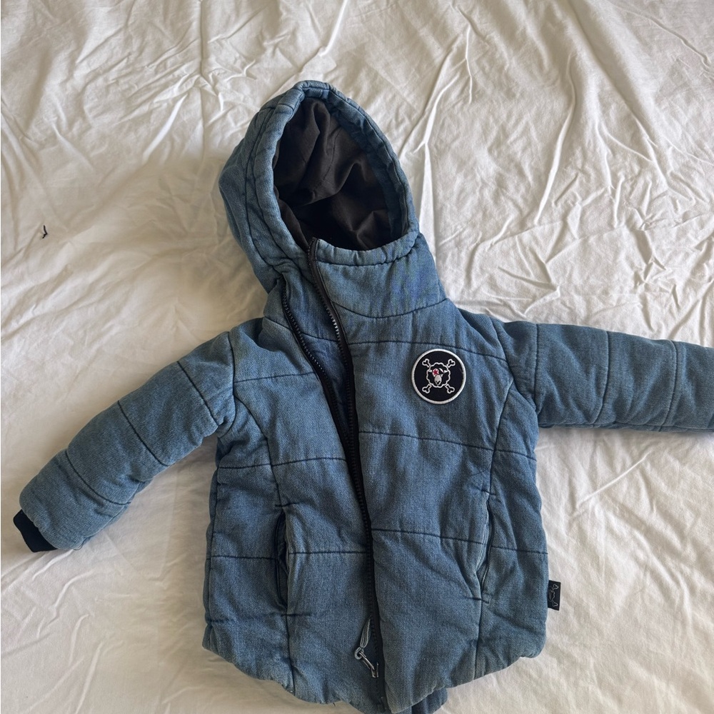 nununu Blue Hooded Puffer Jacket with Skull Patch